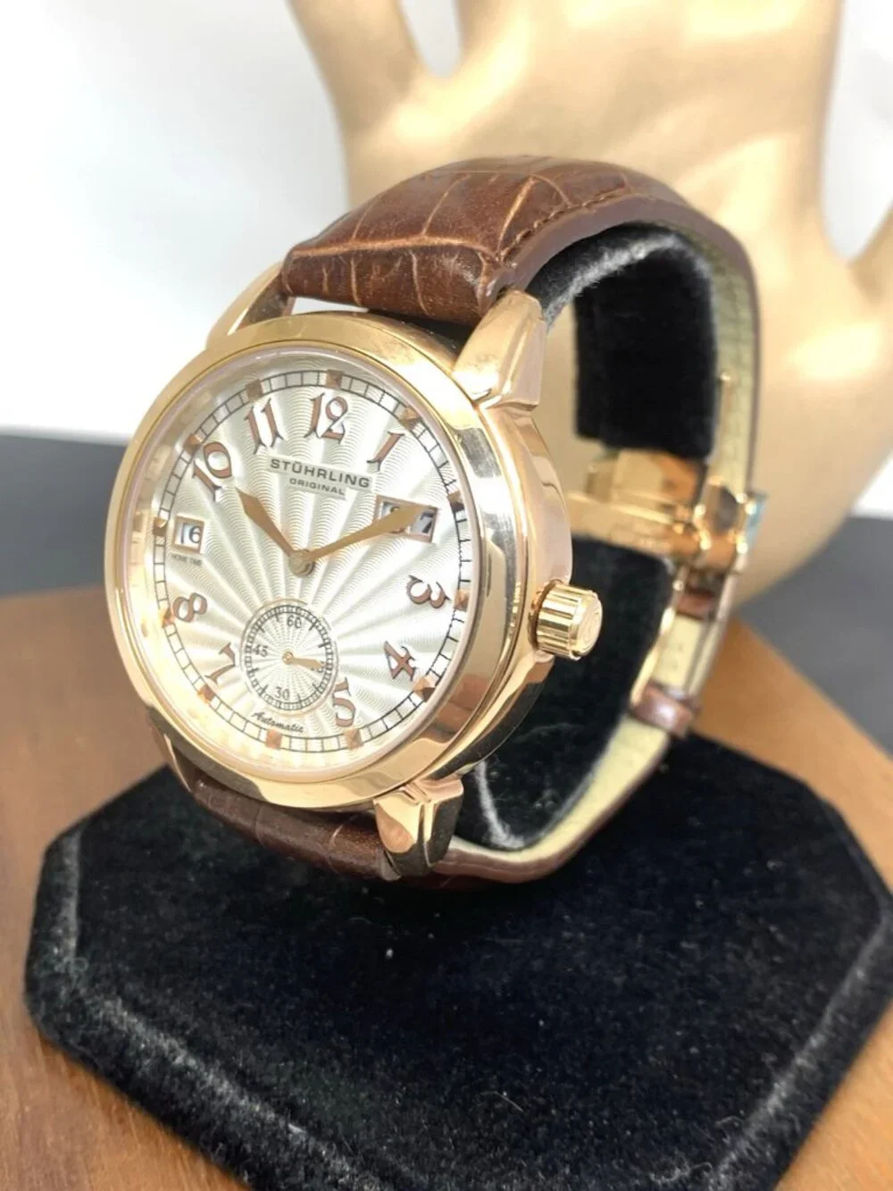 Stuhrling Men's Watch Automatic Silver Dial Rose Gold Brown Leather Strap 40mm